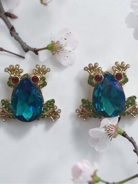 Blue Teardrop Crystal Frog Earrings